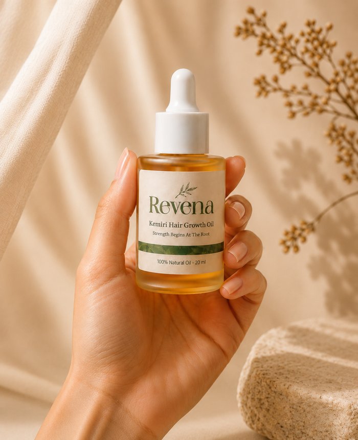Botol Revena Kemiri Hair Growth Oil digenggam di telapak tangan