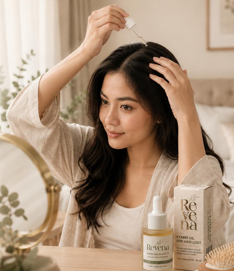 Wanita mengaplikasikan minyak rambut Revena dengan pipet ke kulit kepala